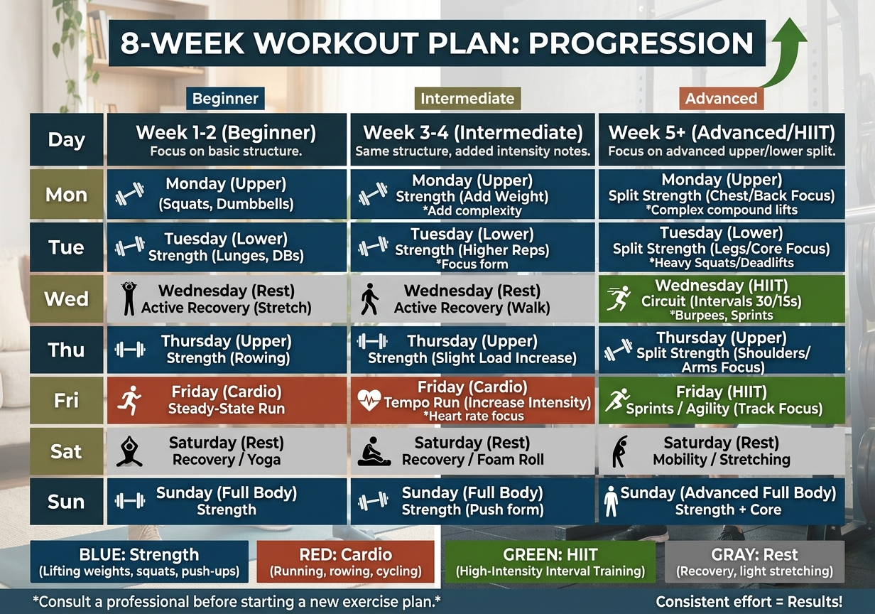 Seven-day weekly workout schedule showing structured progression from beginner full-body strength training to intermediate upper/lower split, color-coded by workout type.