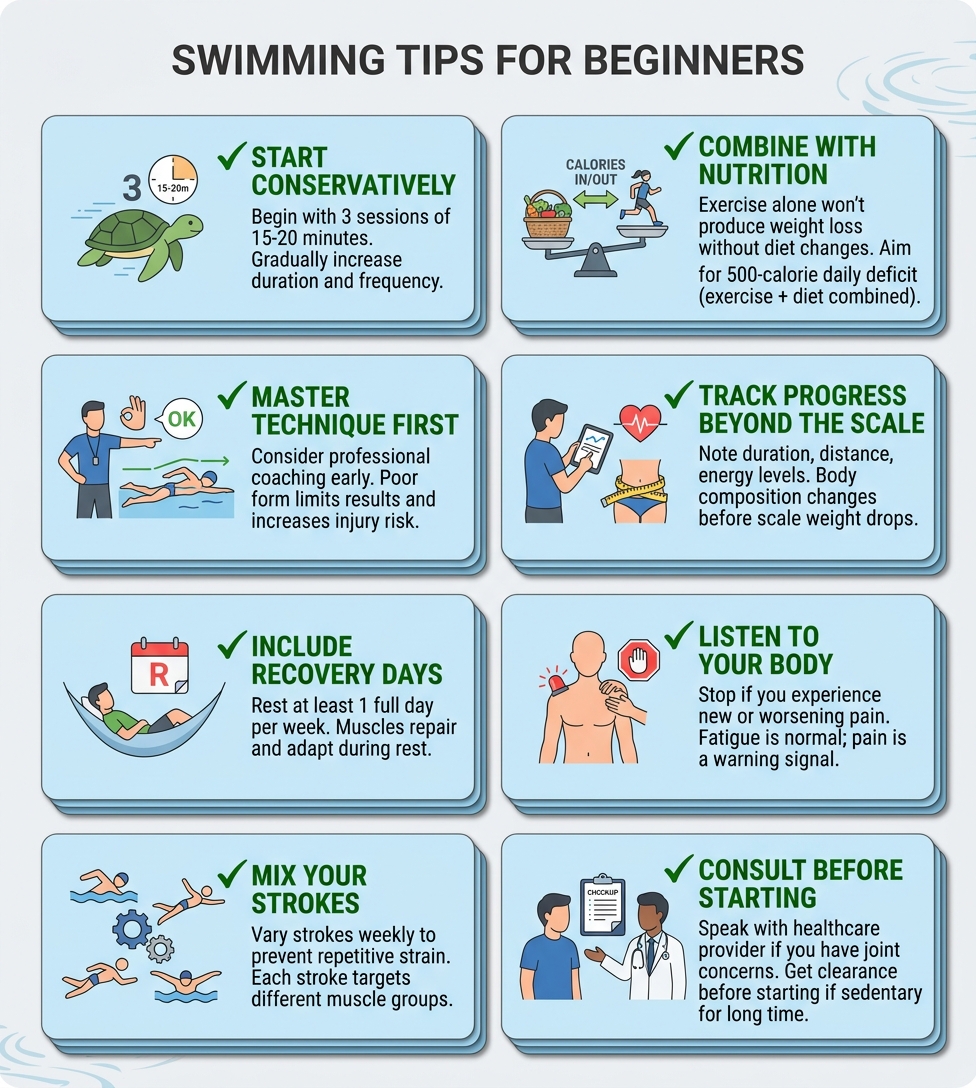 "Beginner swimming tips checklist: start conservatively with 15-20 minute sessions, master technique, include recovery days, mix strokes weekly, combine with nutrition, track progress beyond weight scale, listen to your body, and consult healthcare provider"