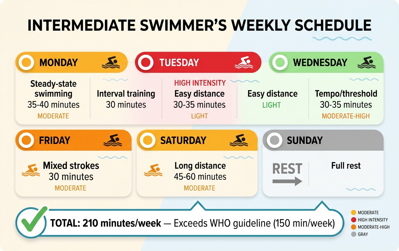 "Weekly swimming schedule for weight loss: color-coded calendar showing 6 swim days with varying intensities (high intensity Tuesday, steady Monday/Friday/Saturday, easy Wednesday, mixed Thursday) and full rest Sunday"