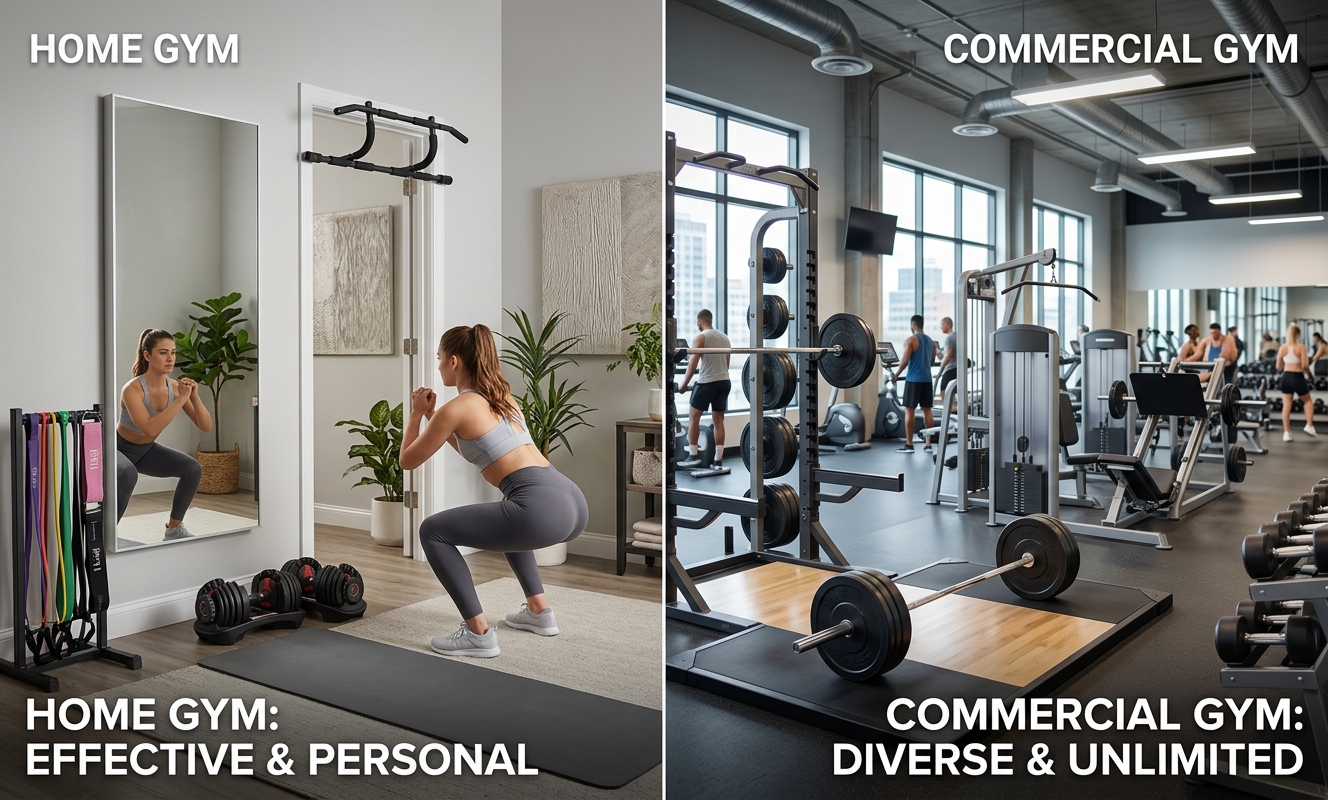 Side-by-side comparison of a home gym setup with dumbbells and resistance bands versus a commercial gym with barbells and machines, showing both effective training environments.
