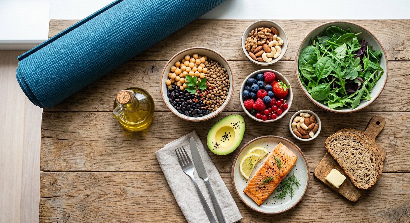 Overhead view of whole foods supporting yoga weight loss: leafy greens, berries, nuts, avocado, lean protein, whole grains, and legumes arranged on a wooden table with a yoga mat visible in the corner.