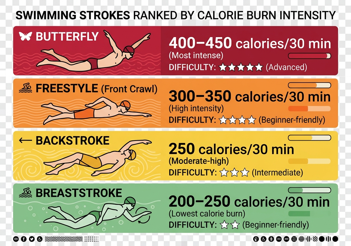 "Infographic ranking swimming strokes by calorie burn: butterfly (highest, 400-450 cal/30min) through breaststroke (lowest, 200-250 cal/30min), with difficulty ratings"