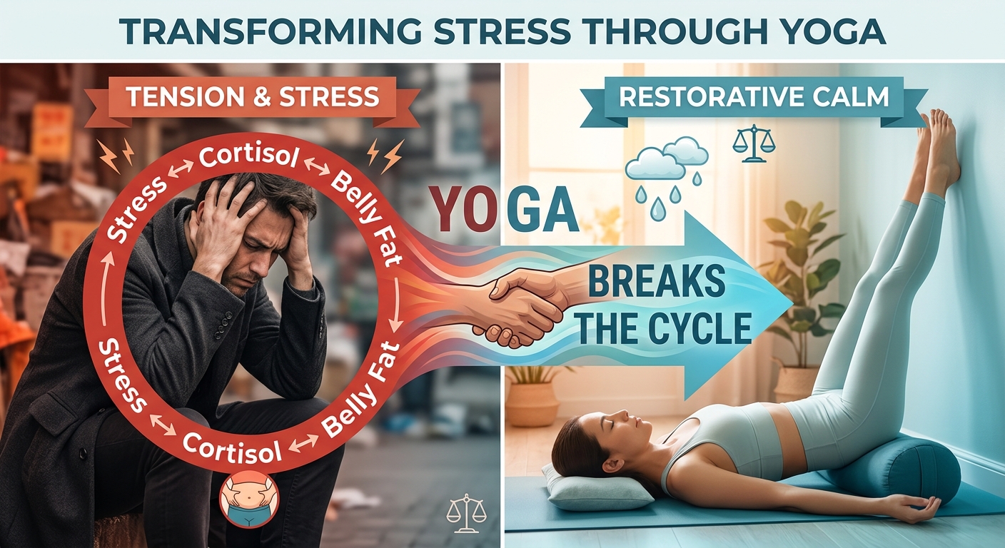 Visual diagram showing how yoga reduces cortisol (stress hormone) and breaks the stress-belly-fat cycle: stressed posture on left transitions to calm yoga practitioner on right, illustrating the stress-reduction pathway to weight loss.