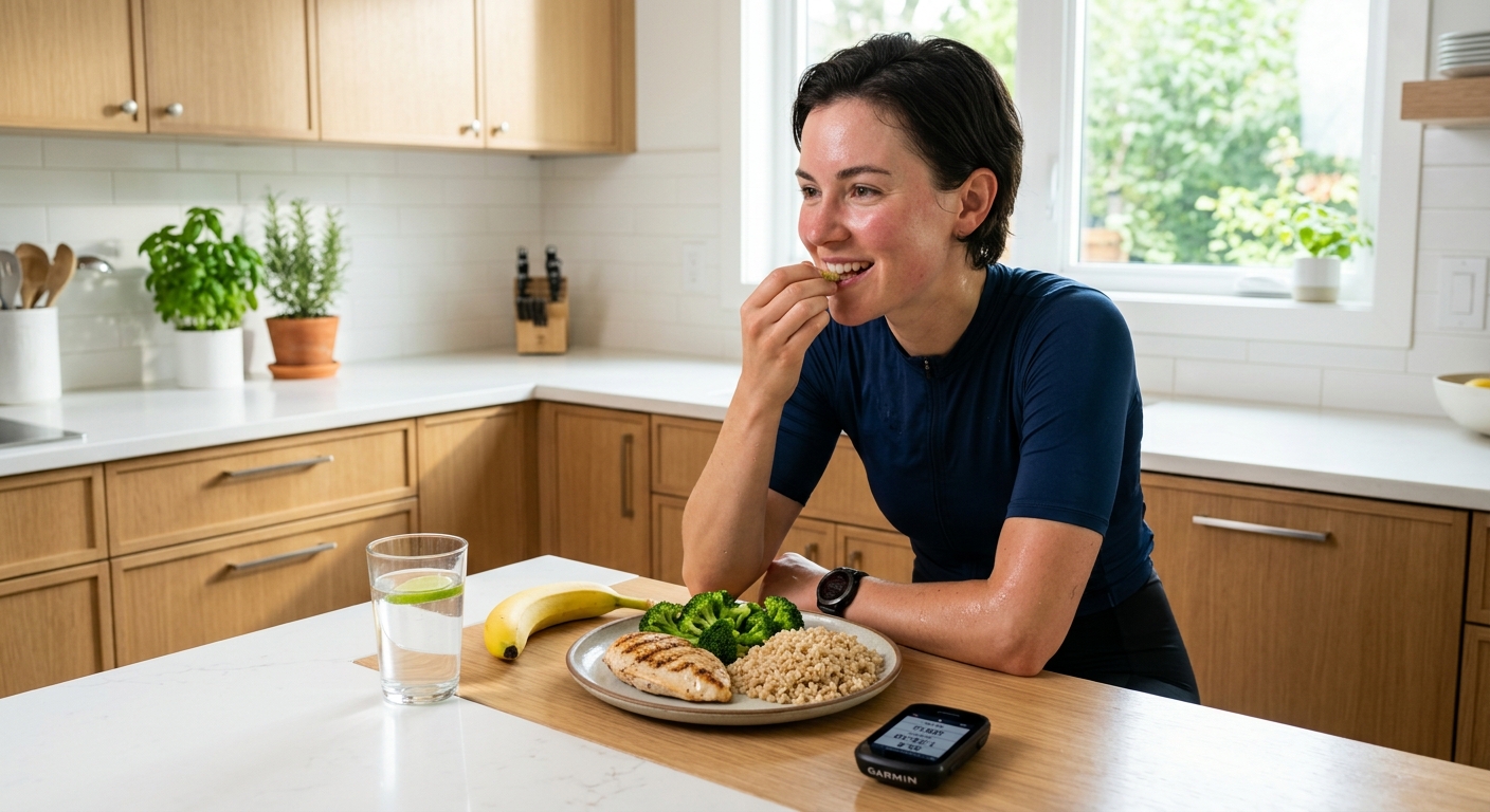 Healthy post-workout meal with protein, whole grains, and vegetables on a kitchen table, illustrating nutrition strategy for cycling weight loss