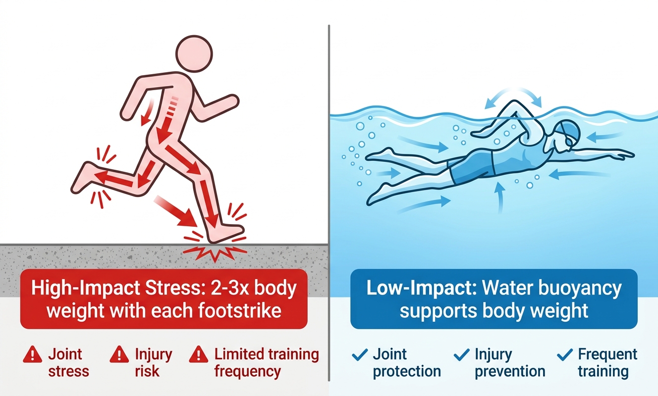 "Side-by-side comparison showing joint stress impact: running generates 2-3x body weight of force per footstrike, while swimming distributes stress evenly with water buoyancy support"