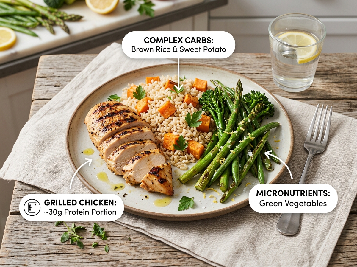 Example post-workout meal featuring grilled chicken breast, brown rice, and steamed vegetables, demonstrating the 25-30g protein and carbohydrate combination for optimal recovery.