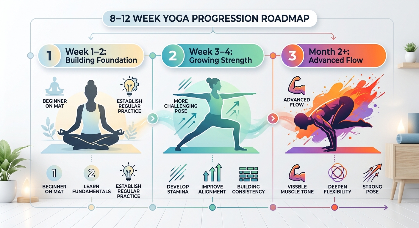 Timeline showing 8–12 week yoga weight loss progression: Week 1–2 foundation building, Week 3–4 consistency building with more challenging poses, Month 2+ advanced flows with visible strength gains and weight-loss results.
