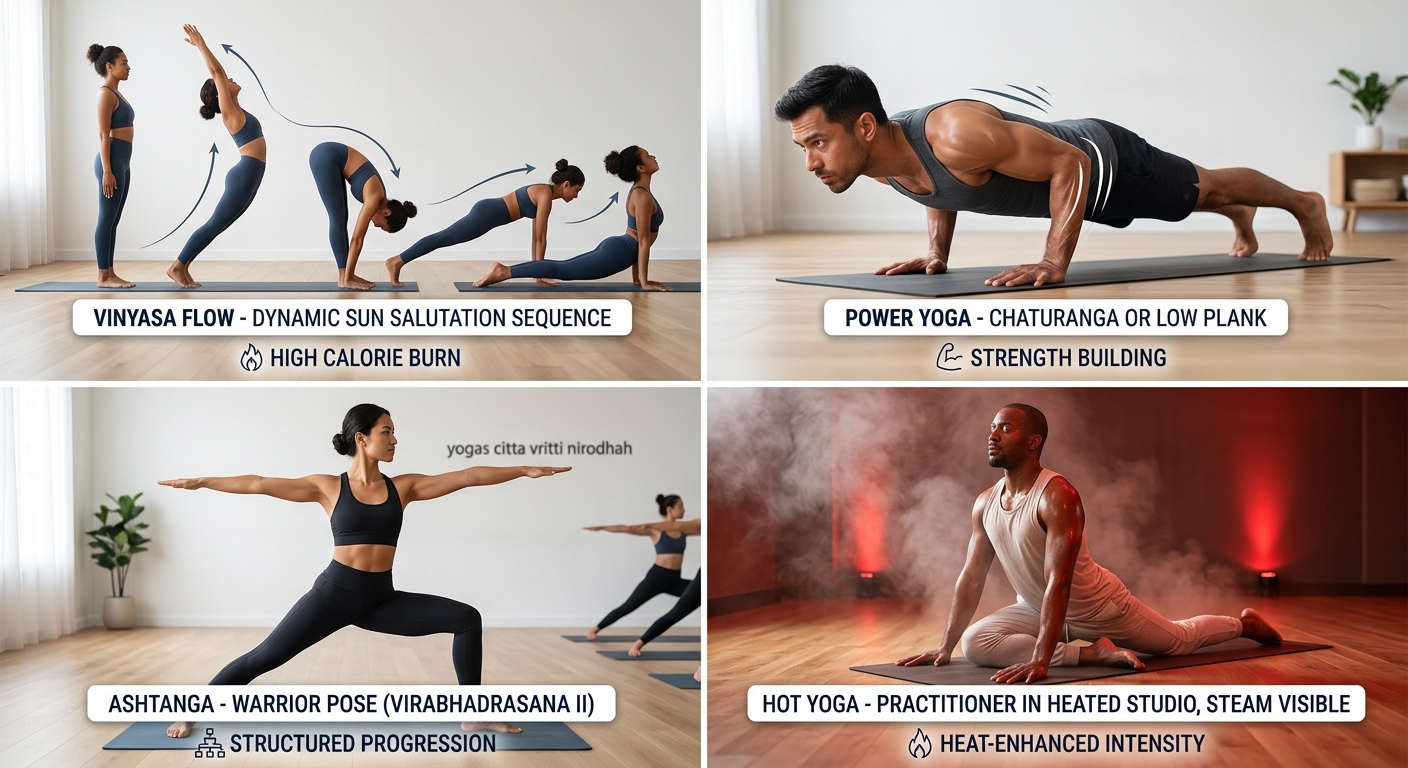 Four best yoga styles for weight loss: Vinyasa flow for continuous movement, Power Yoga for maximum calorie burn, Ashtanga for structured strength progression, and Hot Yoga for heat-enhanced intensity.
