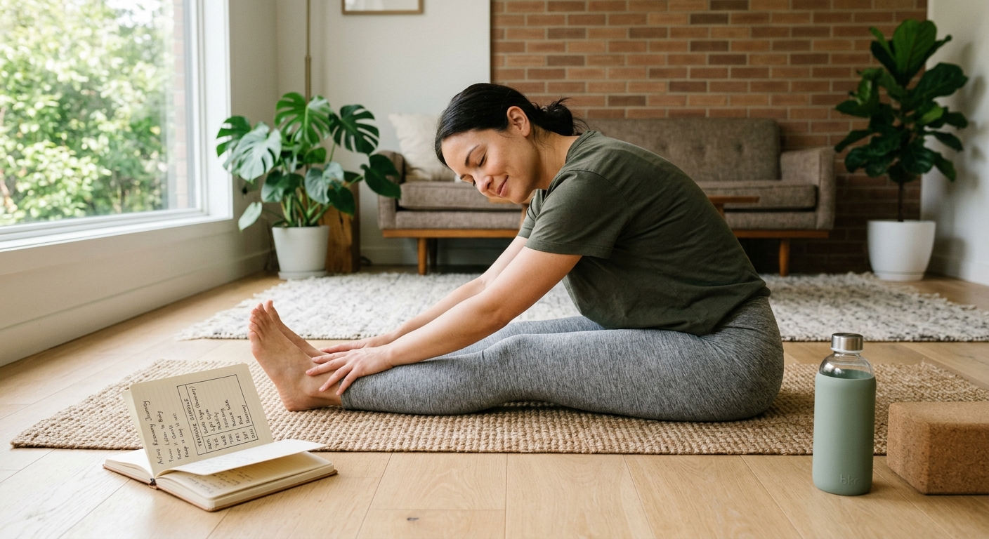 Person performing gentle stretching on a yoga mat at home, illustrating the importance of recovery and rest days in a cycling weight-loss routine
