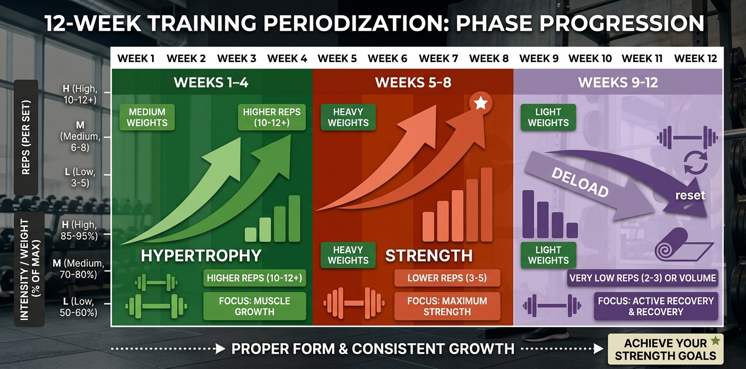 Twelve-week periodization chart for weight loss training showing three phases: hypertrophy weeks 1-4 with medium weight and higher reps, strength weeks 5-8 with heavy weight and low reps, and recovery/deload weeks 9-12 with lighter intensity.