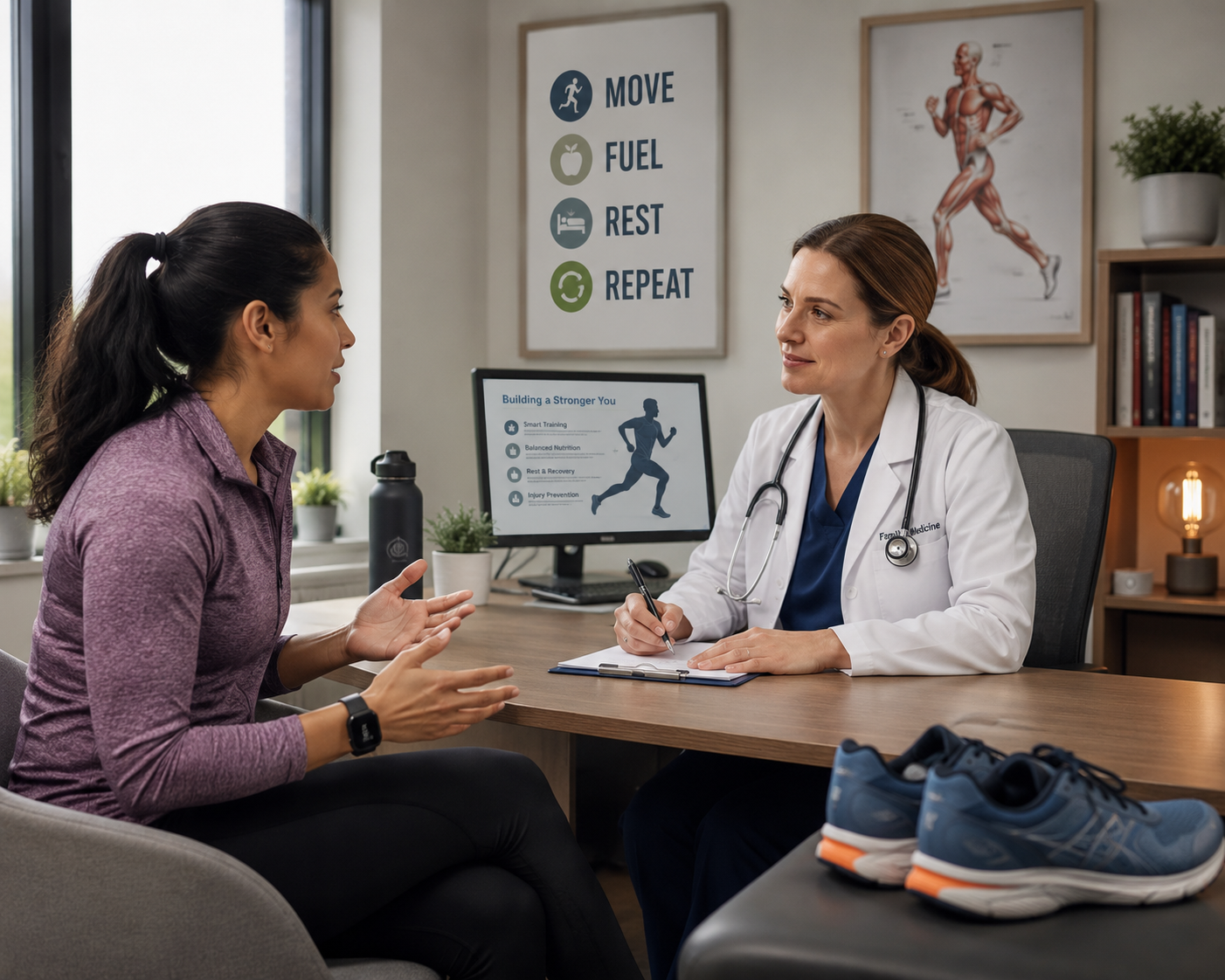 Patient consulting with a healthcare provider before starting a running program, emphasizing the importance of medical clearance for safe weight loss through exercise