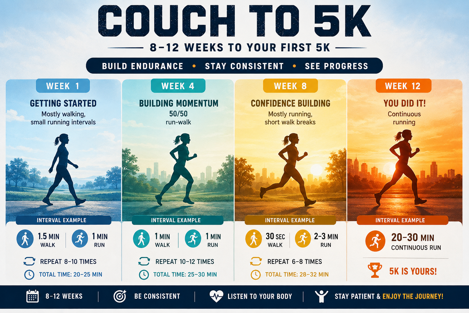 Progressive Couch to 5K training schedule showing the 8-12 week transition from walking with short running intervals to continuous 5K running