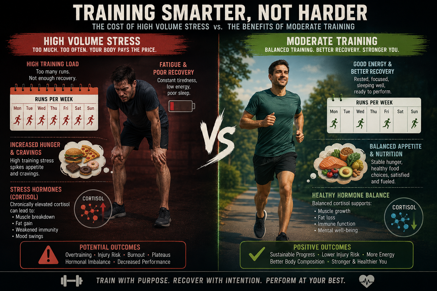 Illustration comparing high-mileage marathon training stress (showing fatigue, increased hunger, weight loss plateau) versus moderate running intensity for weight loss