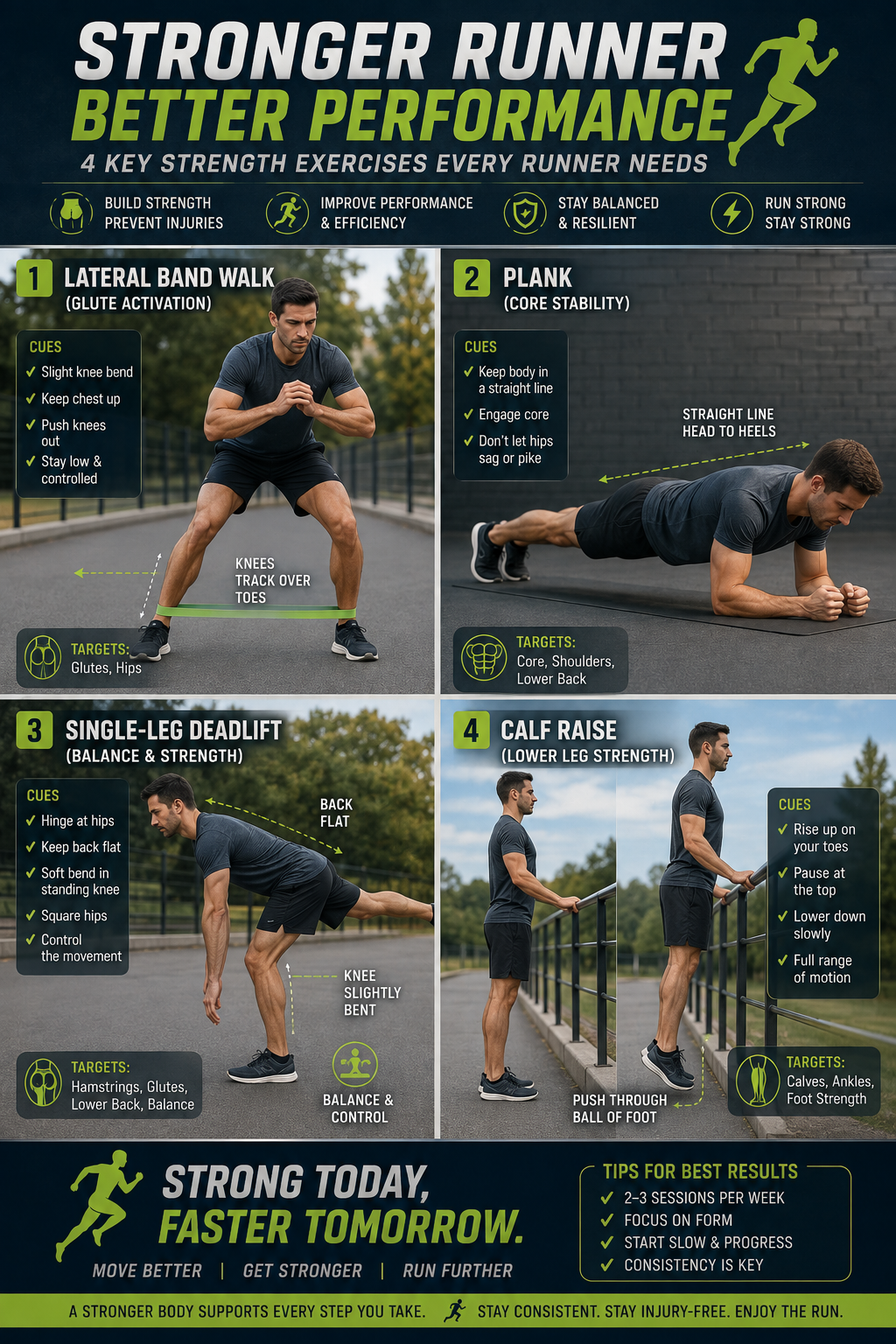 Strength training exercises for runners including lateral band walks, planks, single-leg deadlifts, and calf raises to prevent injury and improve running efficiency