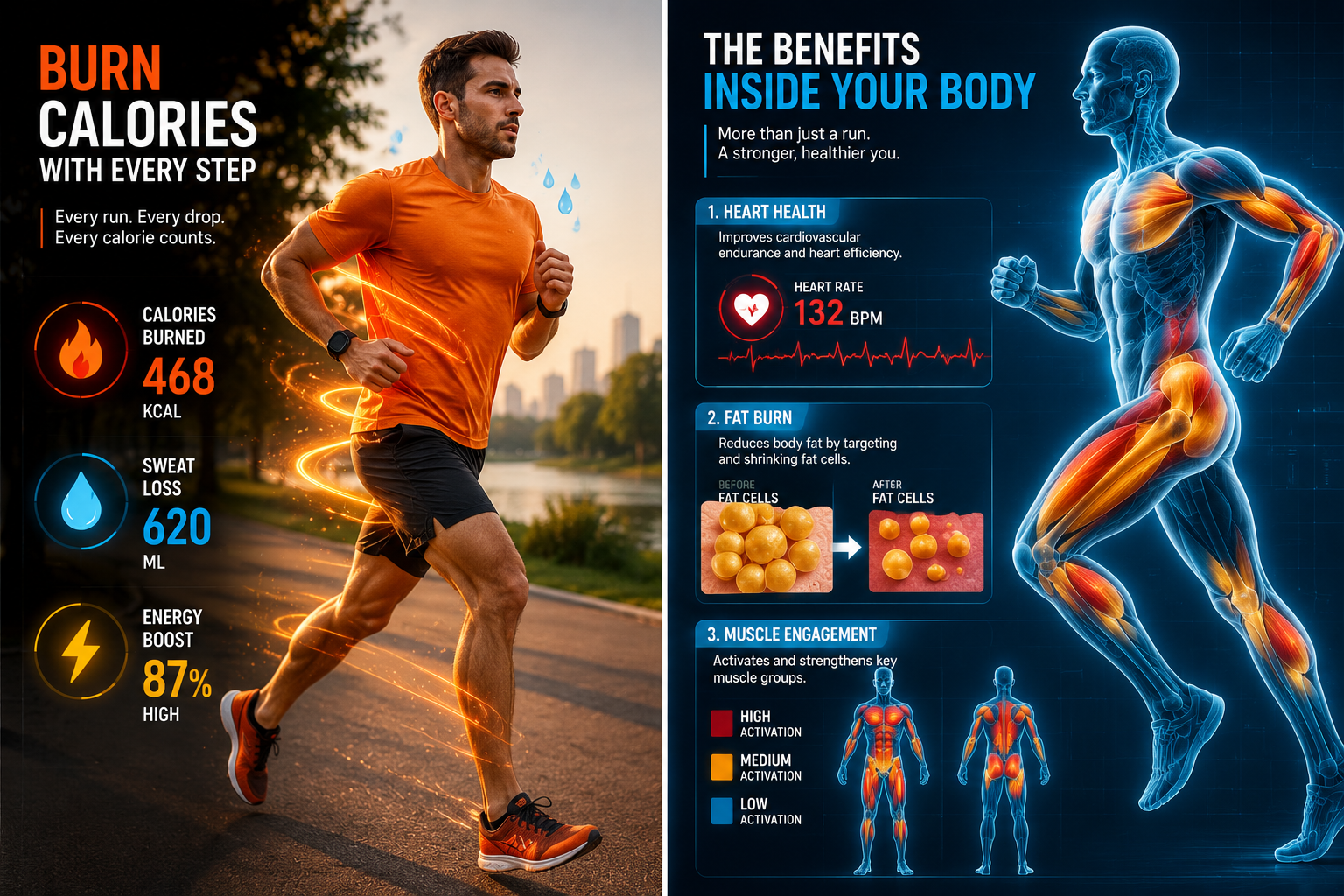 Illustration comparing running's effects on calorie burn and aerobic fitness, showing calorie expenditure and metabolic changes during aerobic exercise
