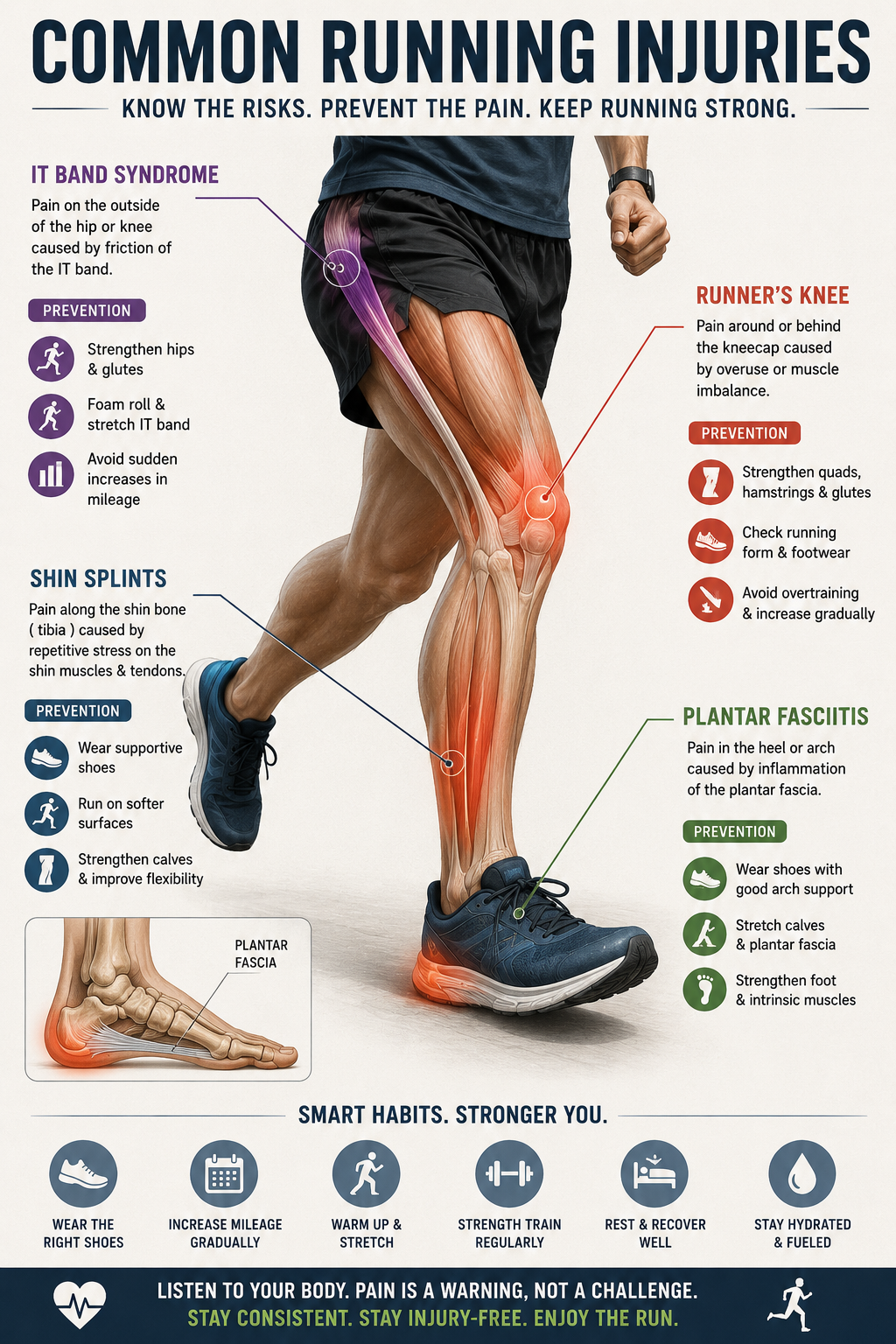 Anatomical diagram highlighting common running injuries including shin splints, plantar fasciitis, runner's knee, and IT band syndrome with prevention recommendations