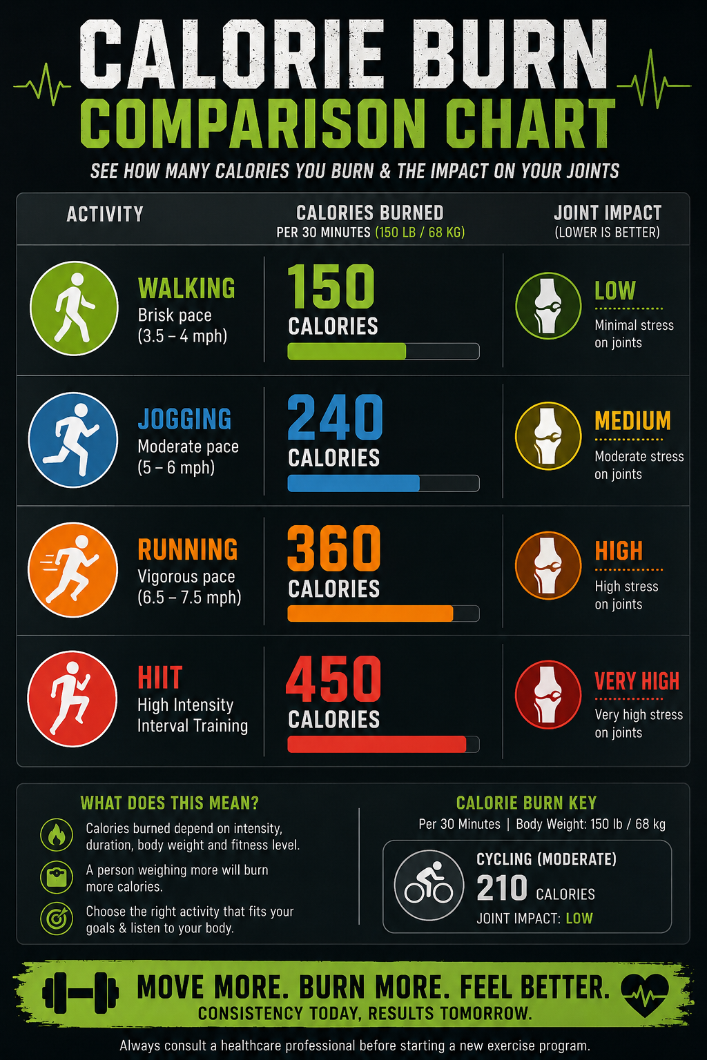 Comparative chart showing approximate calories burned in 30 minutes across different running intensities and activities, with joint impact levels