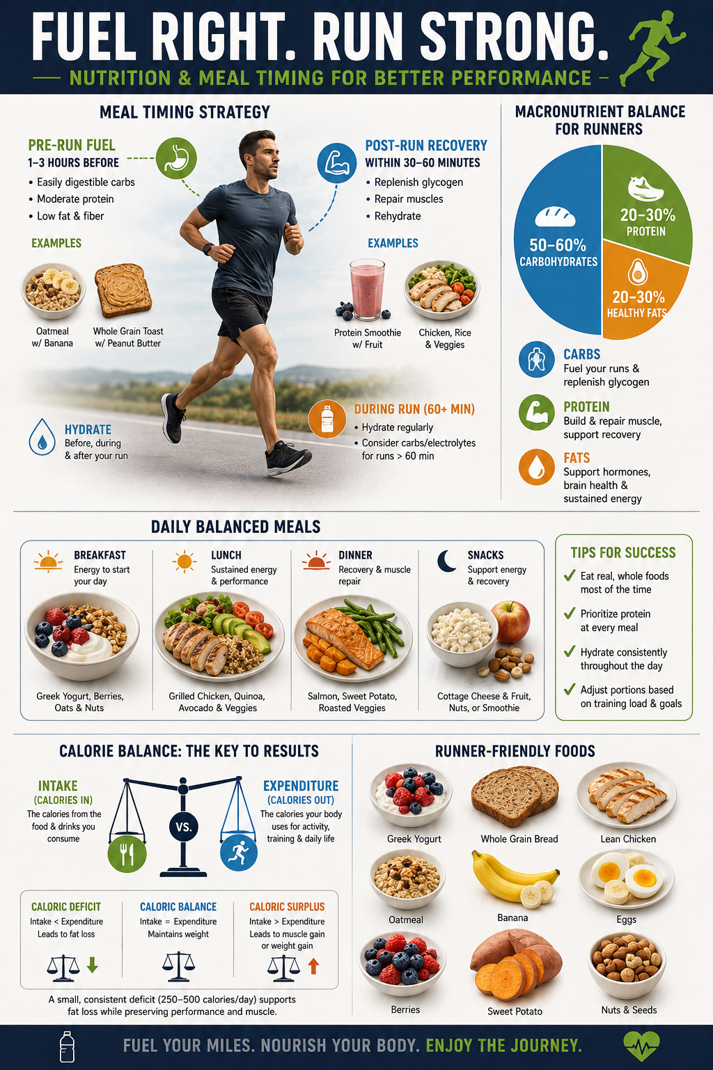 Illustration of runner nutrition strategy including pre/post-run meal timing, macronutrient balance, and modest caloric deficit for weight loss support