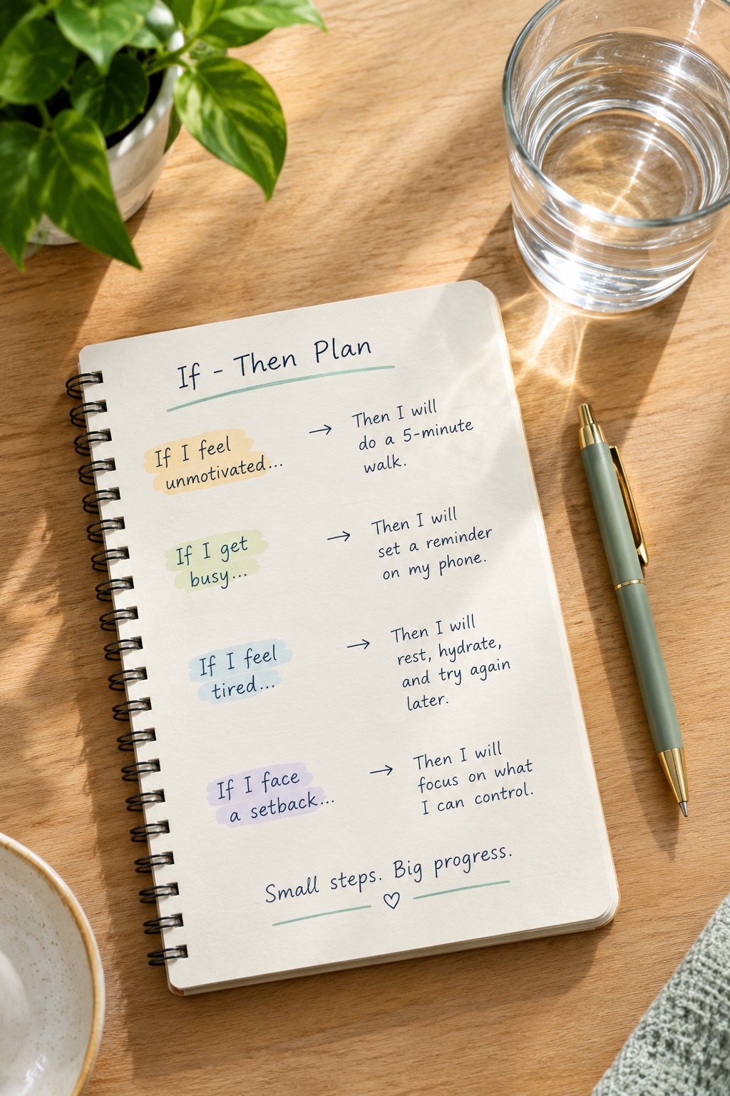 Notebook on a table with a handwritten plan next to a pen and a glass of water