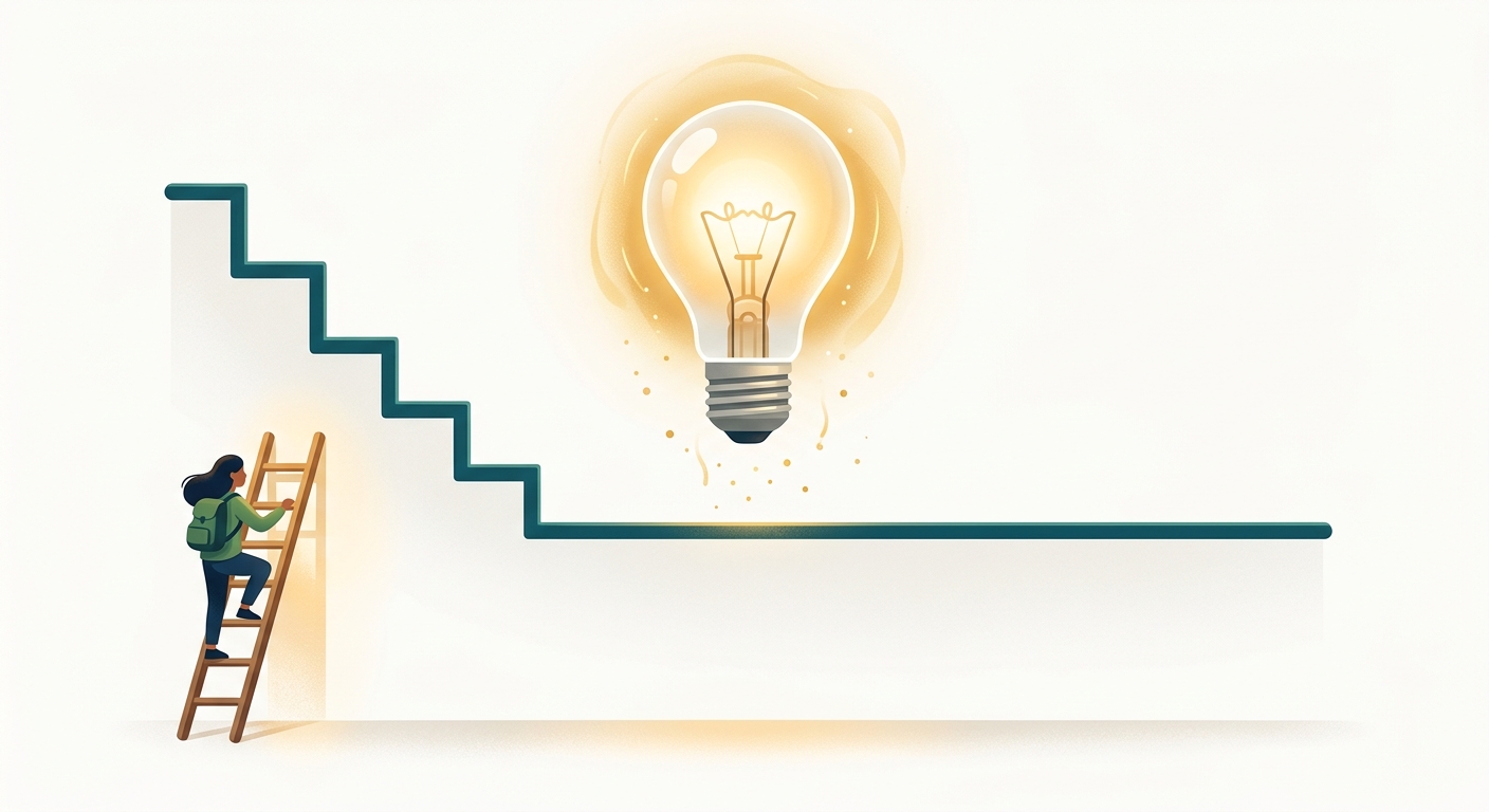 Stepped line chart where progress flattens, with a lightbulb above the flat section showing it is time to review the plan.