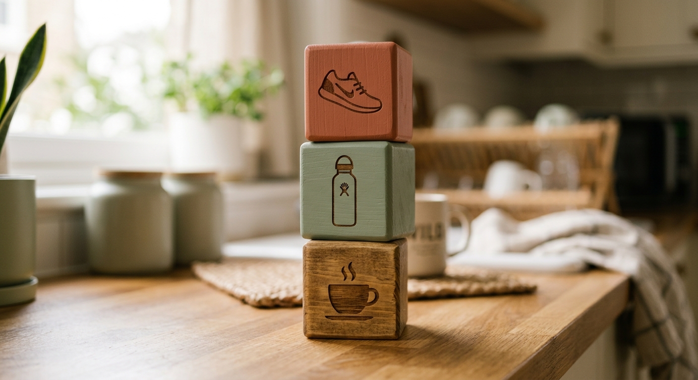 Three stacked wooden blocks marked with a coffee cup, a water bottle and a sneaker, illustrating new habits built on existing ones.