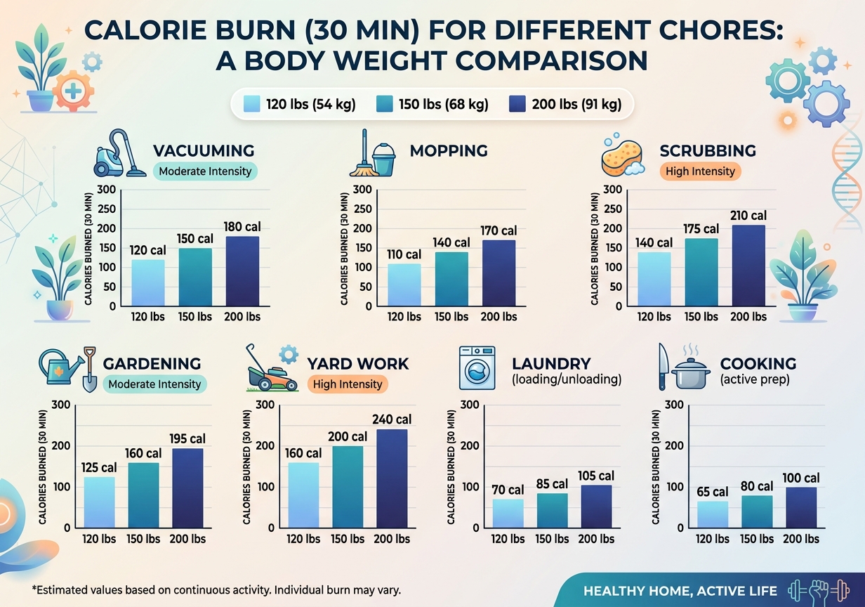 Bar chart comparing calorie burn in 30 minutes for household chores including vacuuming, mopping, scrubbing, gardening, and yard work, organized by body weight categories