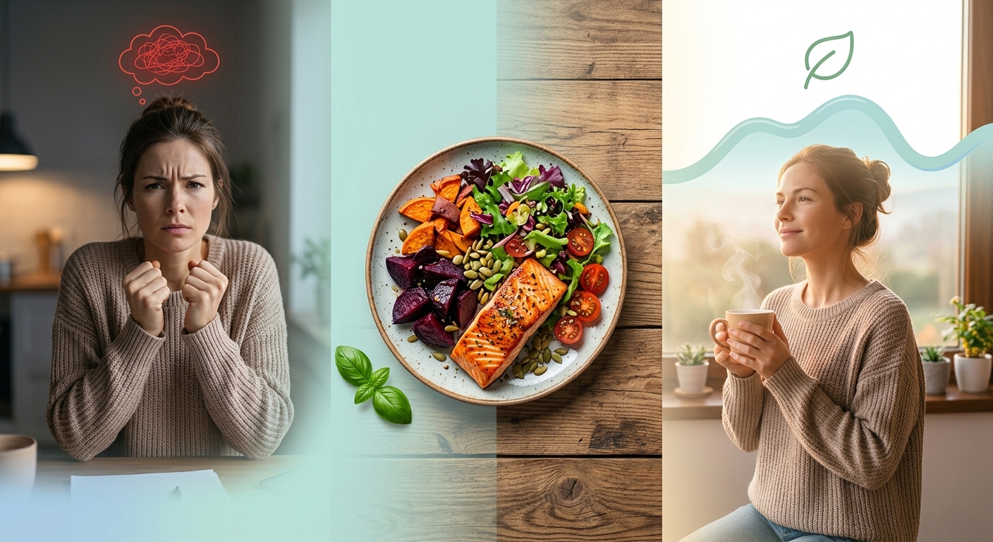 Person shown first tense and then relaxed with a calming wave, illustrating how managing stress can support healthier eating choices.