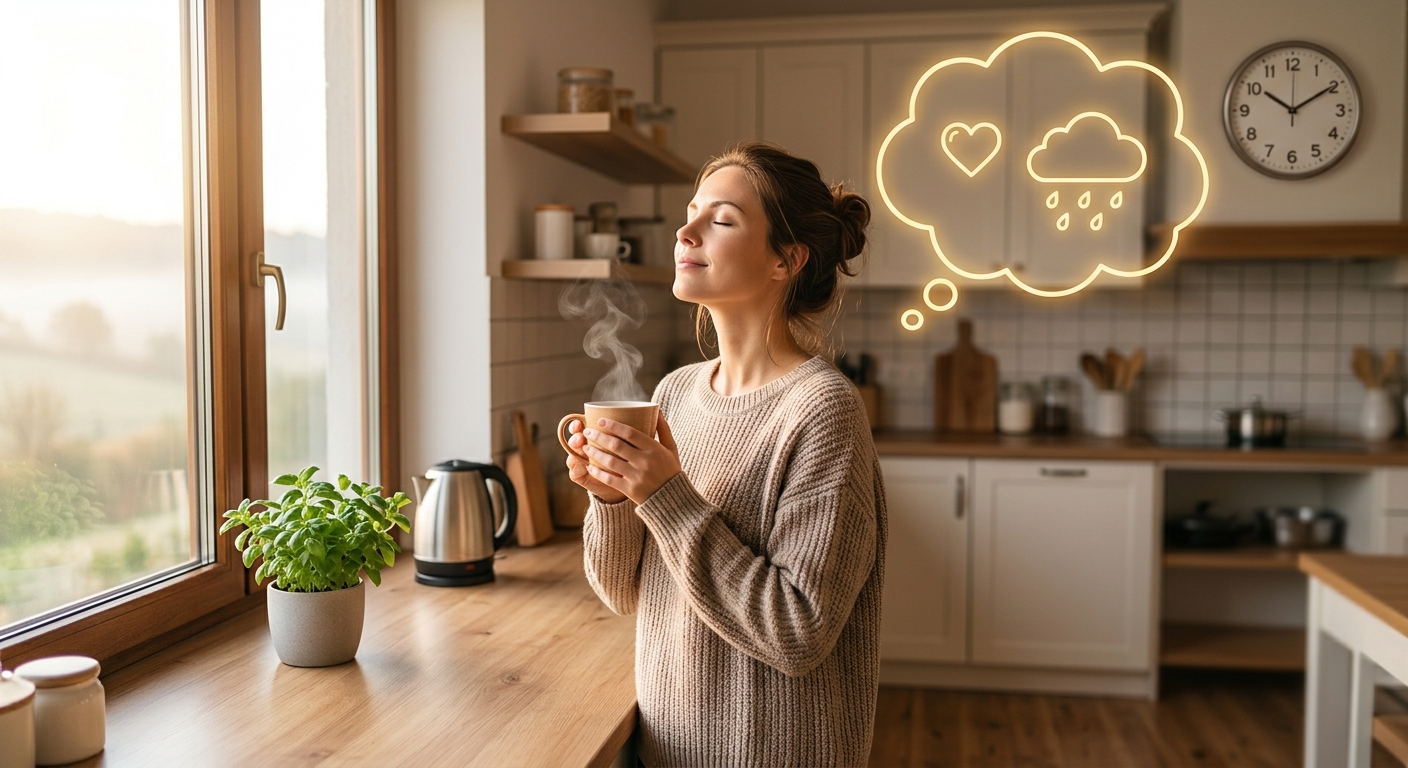 Person pausing in a kitchen with a thought bubble showing a feeling, illustrating noticing emotions before eating.