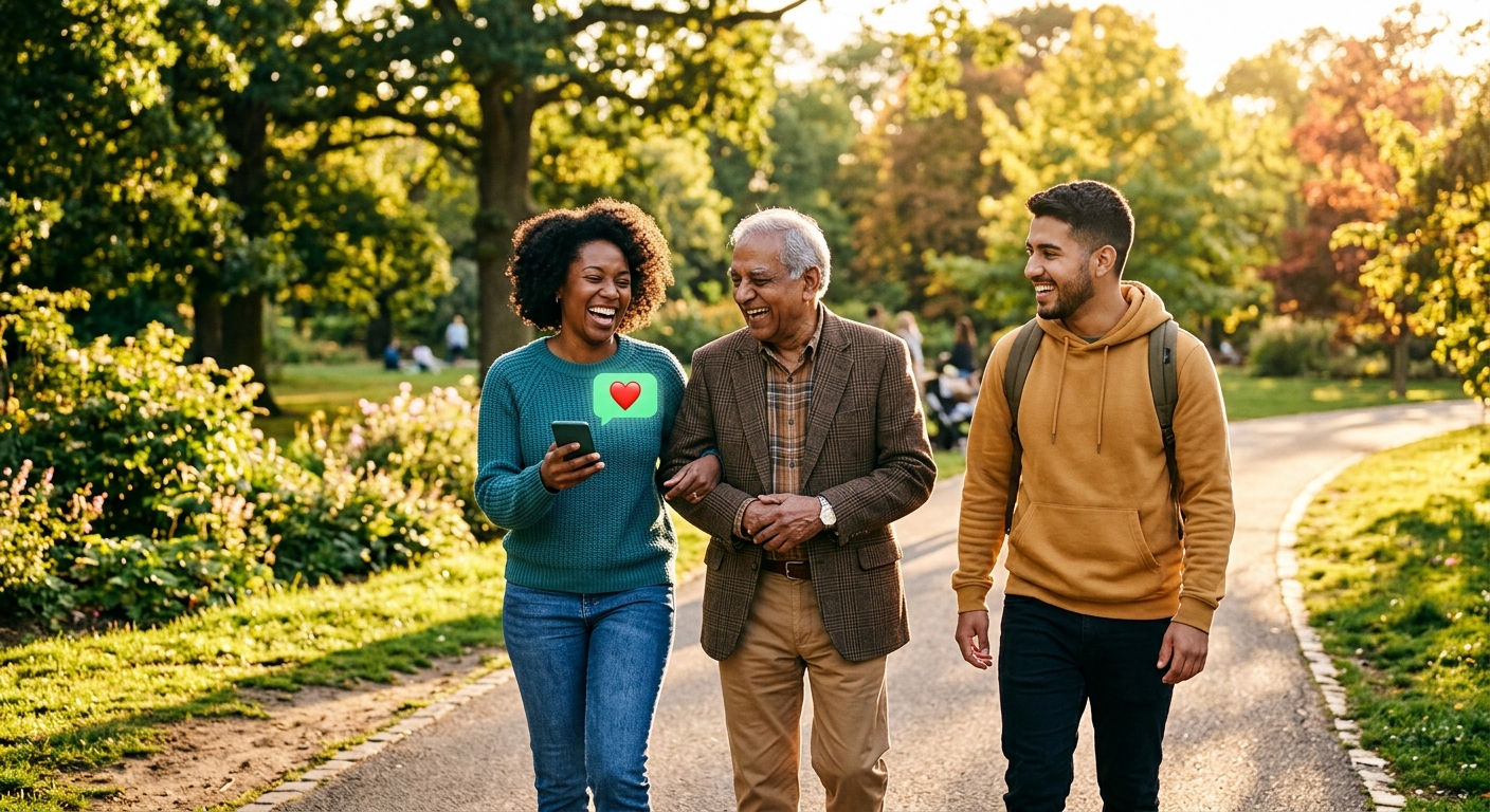 Three adults walking together in a park, representing the encouragement of social support for healthy habits.