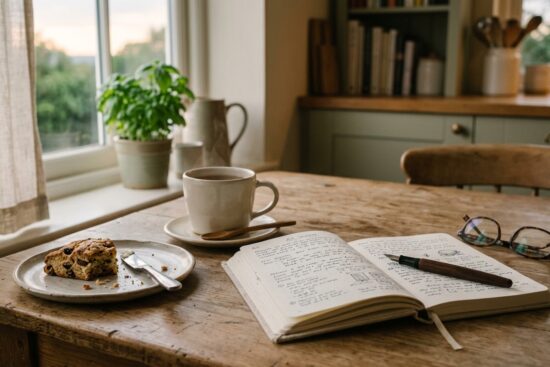 A kitchen table with a snack, an open journal, and a cup of tea in soft evening light. Emotional eating and weight loss