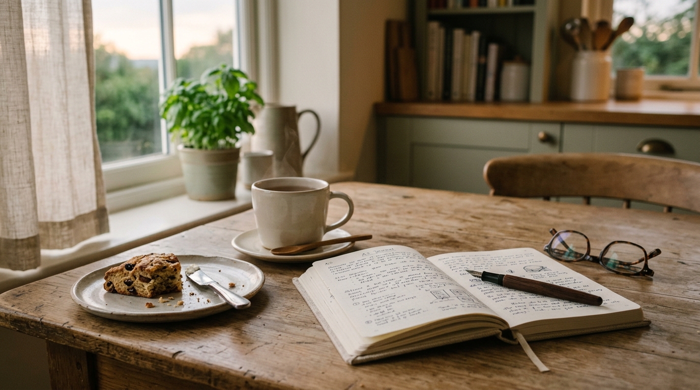 A kitchen table with a snack, an open journal, and a cup of tea in soft evening light. Emotional eating and weight loss