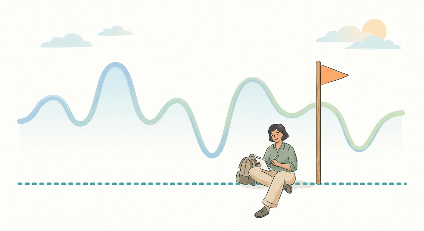 Wavy line showing motivation rising and falling above a steady dotted line that represents consistent daily routines.
