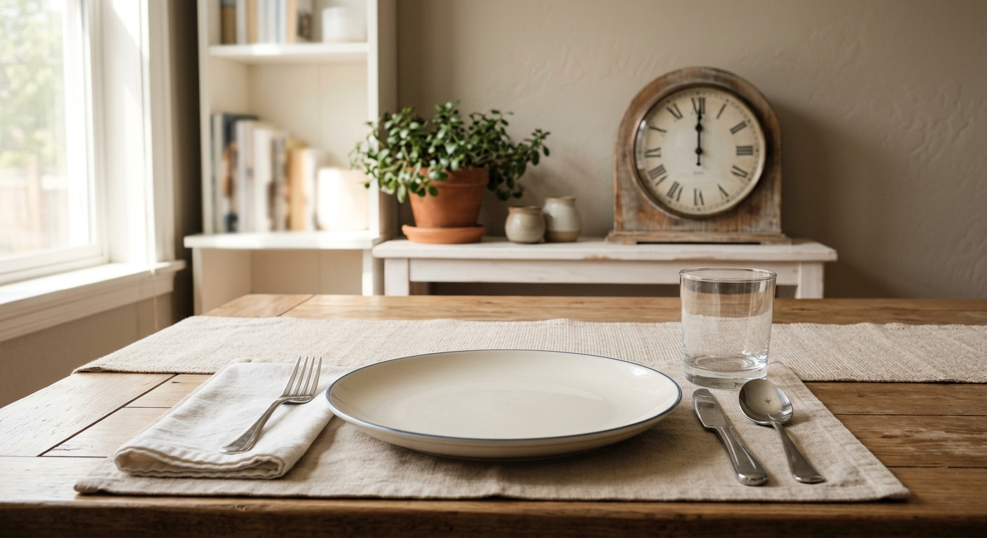 Untouched plate on a table beside a clock, illustrating how stress can disrupt meals and appetite.