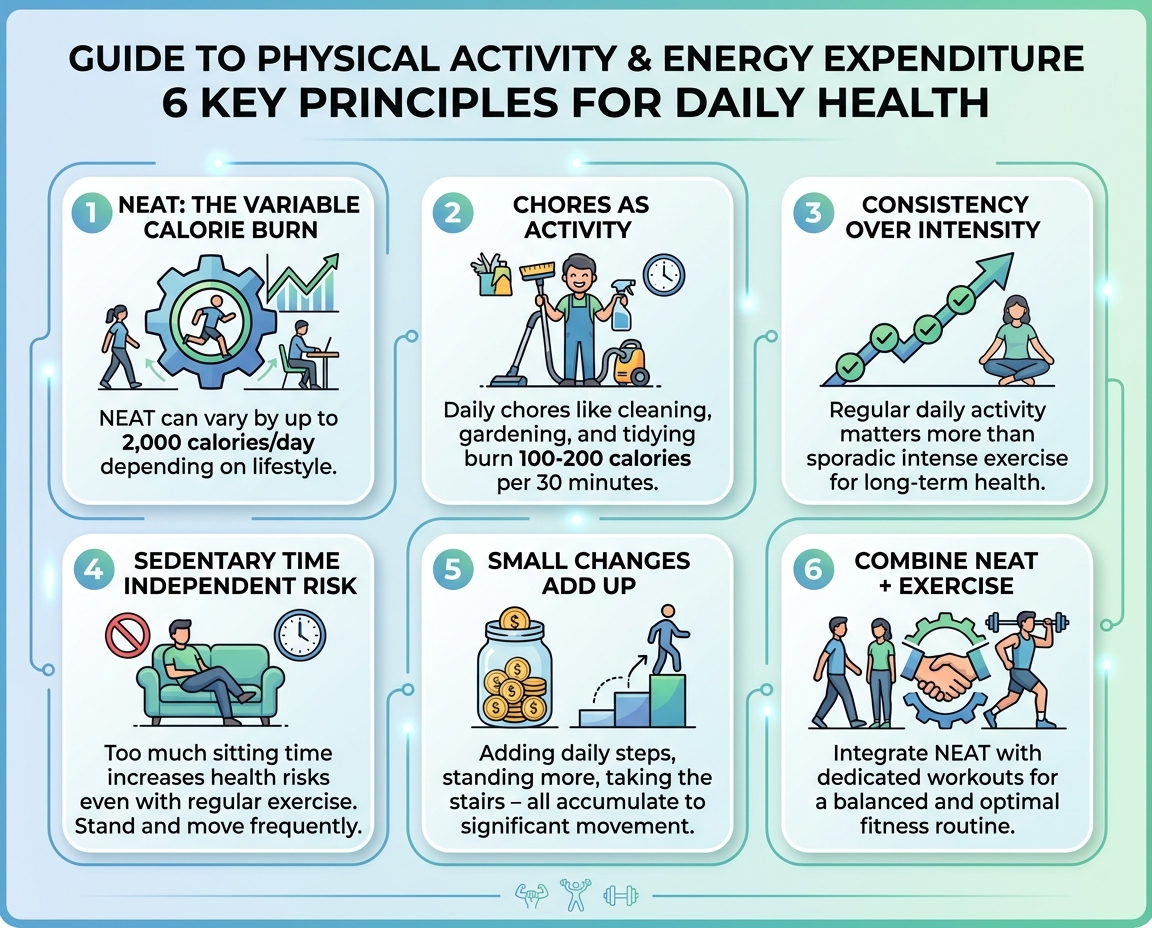 Summary infographic listing six key takeaways about NEAT, household chores for weight loss, and the importance of daily movement for sustainable weight management