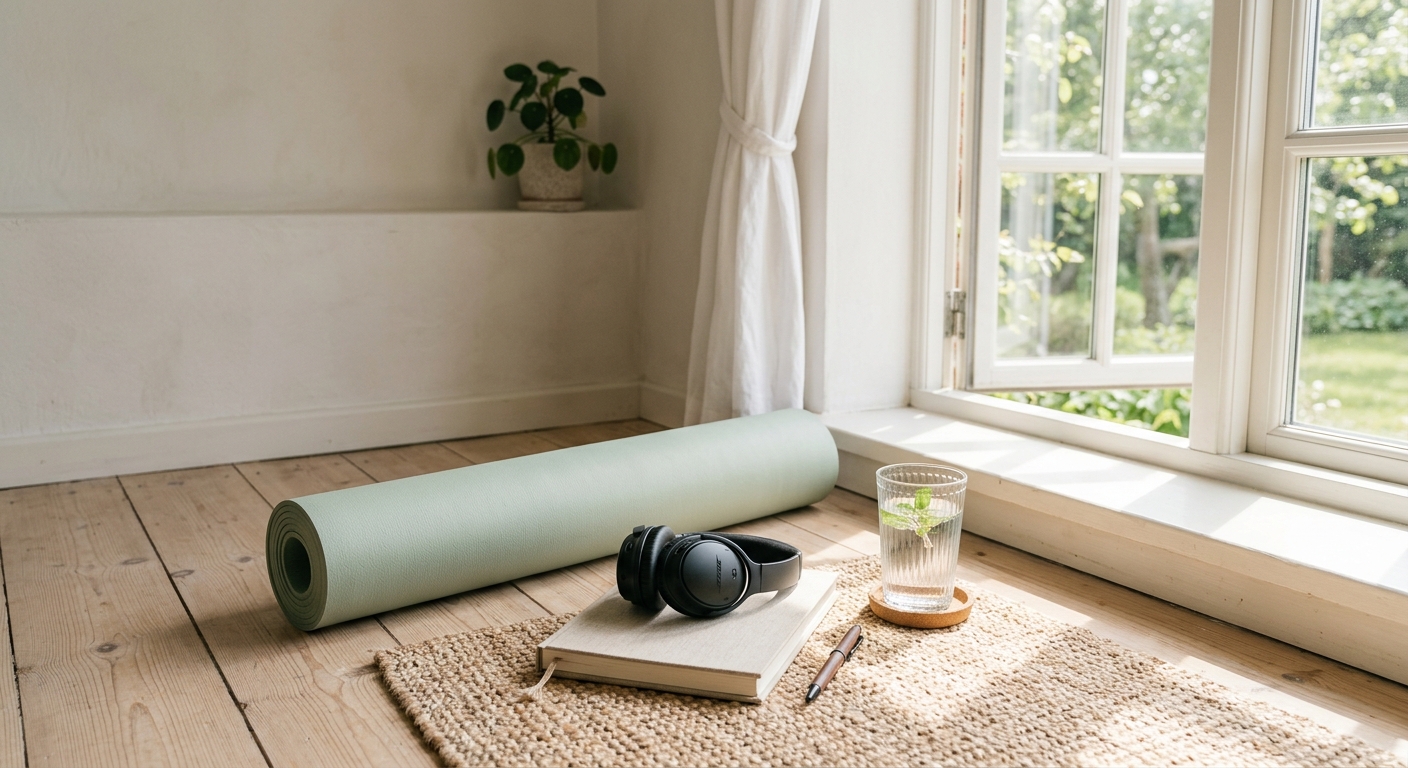 Yoga mat, headphones, journal, and glass of water beside a sunny window, representing everyday stress-relief habits.