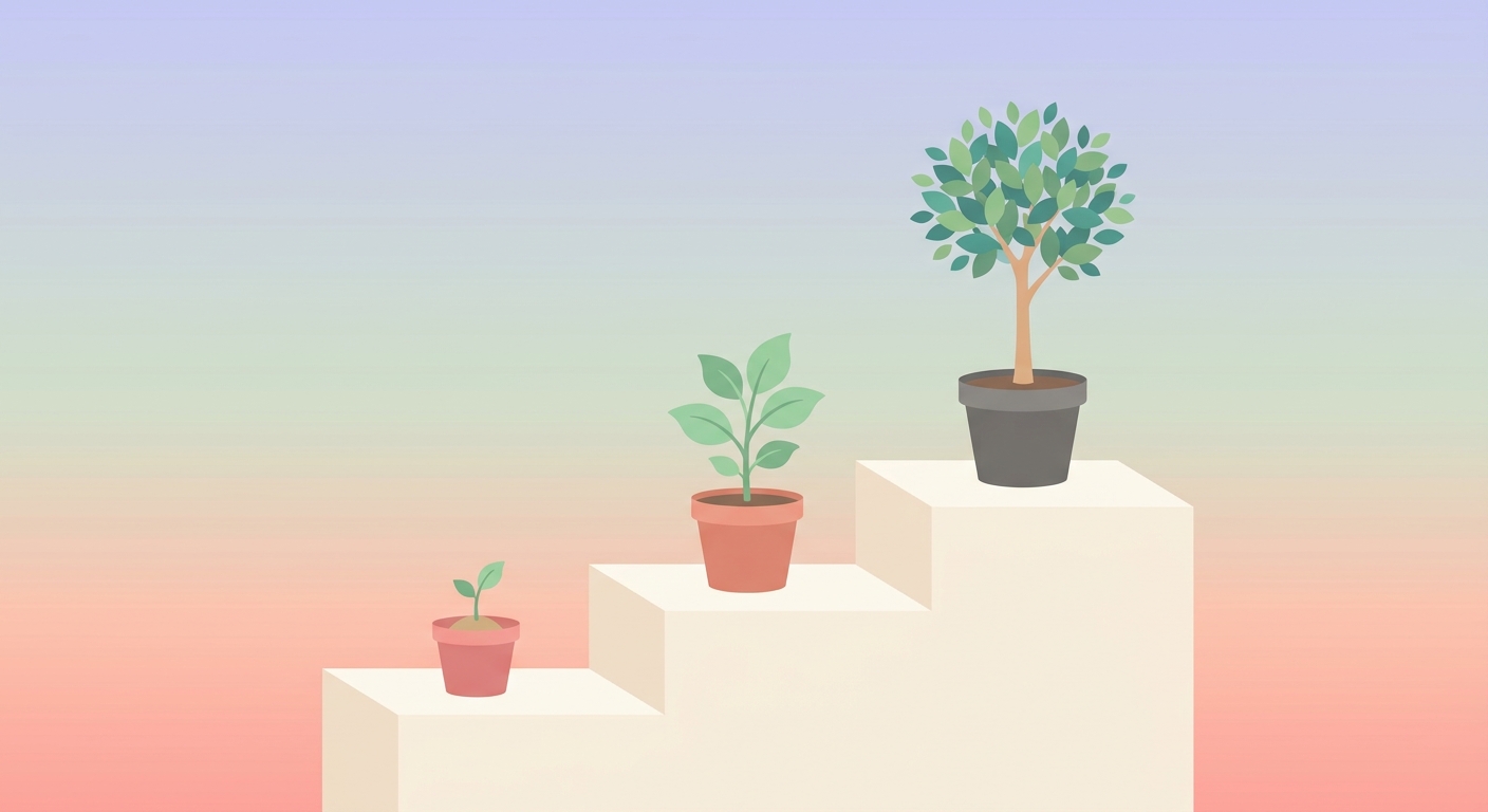 A three-step staircase with a sprout, a young plant and a small tree, representing growth across three stages.