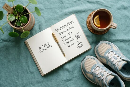 Notebook, cup of tea, running shoes, and a small plant arranged together to represent balancing stress and healthy habits. Stress and Weight loss.