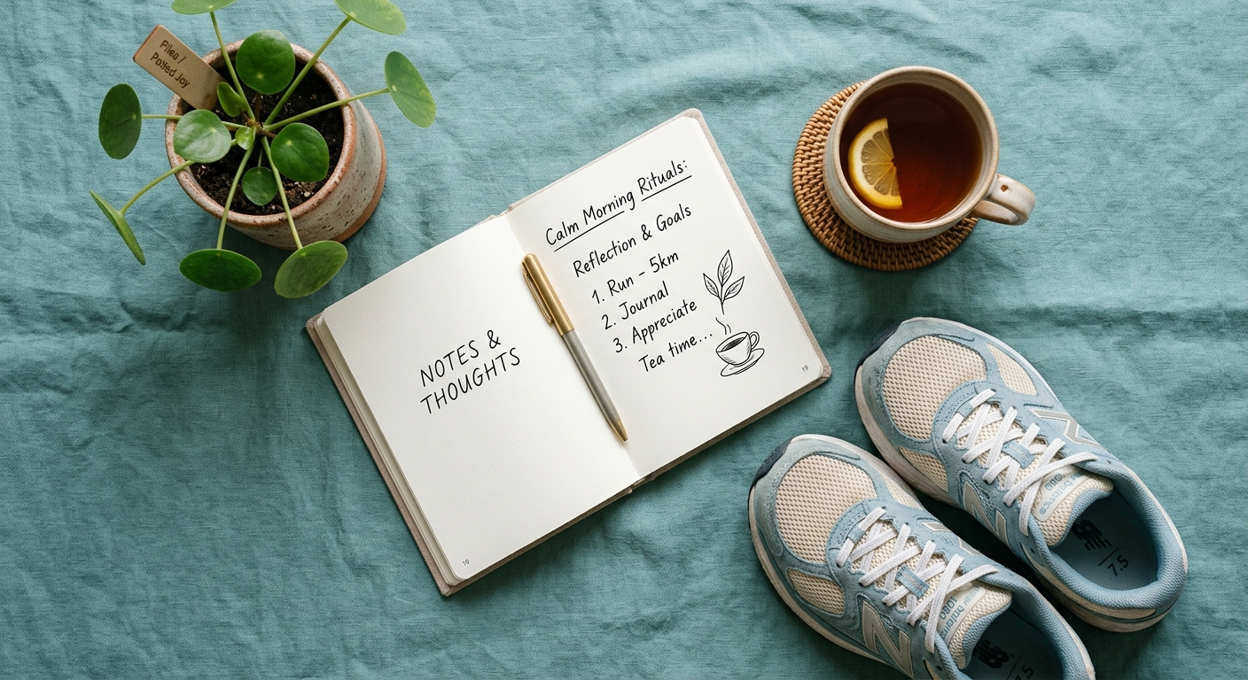Notebook, cup of tea, running shoes, and a small plant arranged together to represent balancing stress and healthy habits. Stress and Weight loss.
