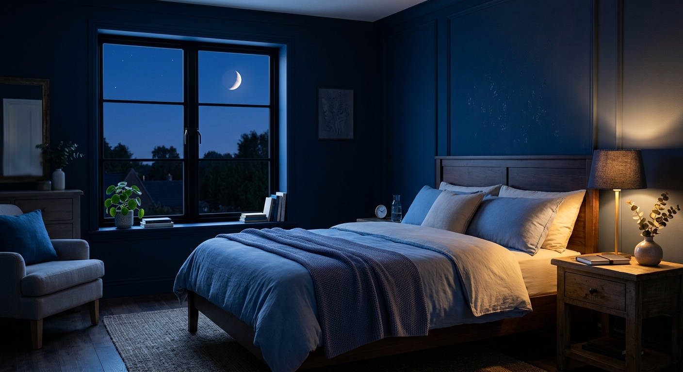Quiet bedroom at night with a lamp and crescent moon, representing restful sleep.