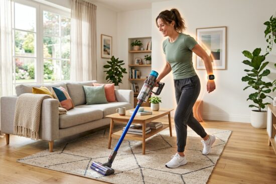 Woman vacuuming a living room, illustrating household chores as daily physical activity for weight loss and NEAT Household chores for weight loss
