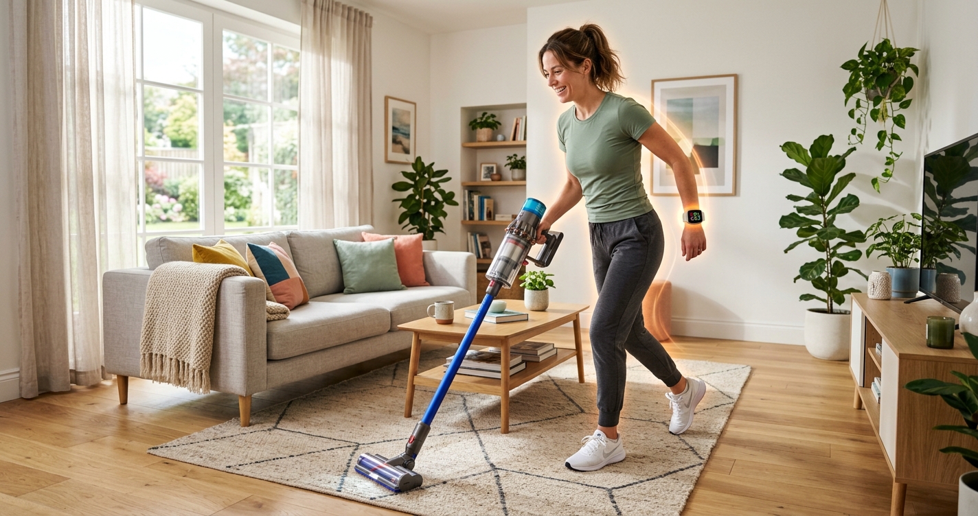 Woman vacuuming a living room, illustrating household chores as daily physical activity for weight loss and NEAT Household chores for weight loss