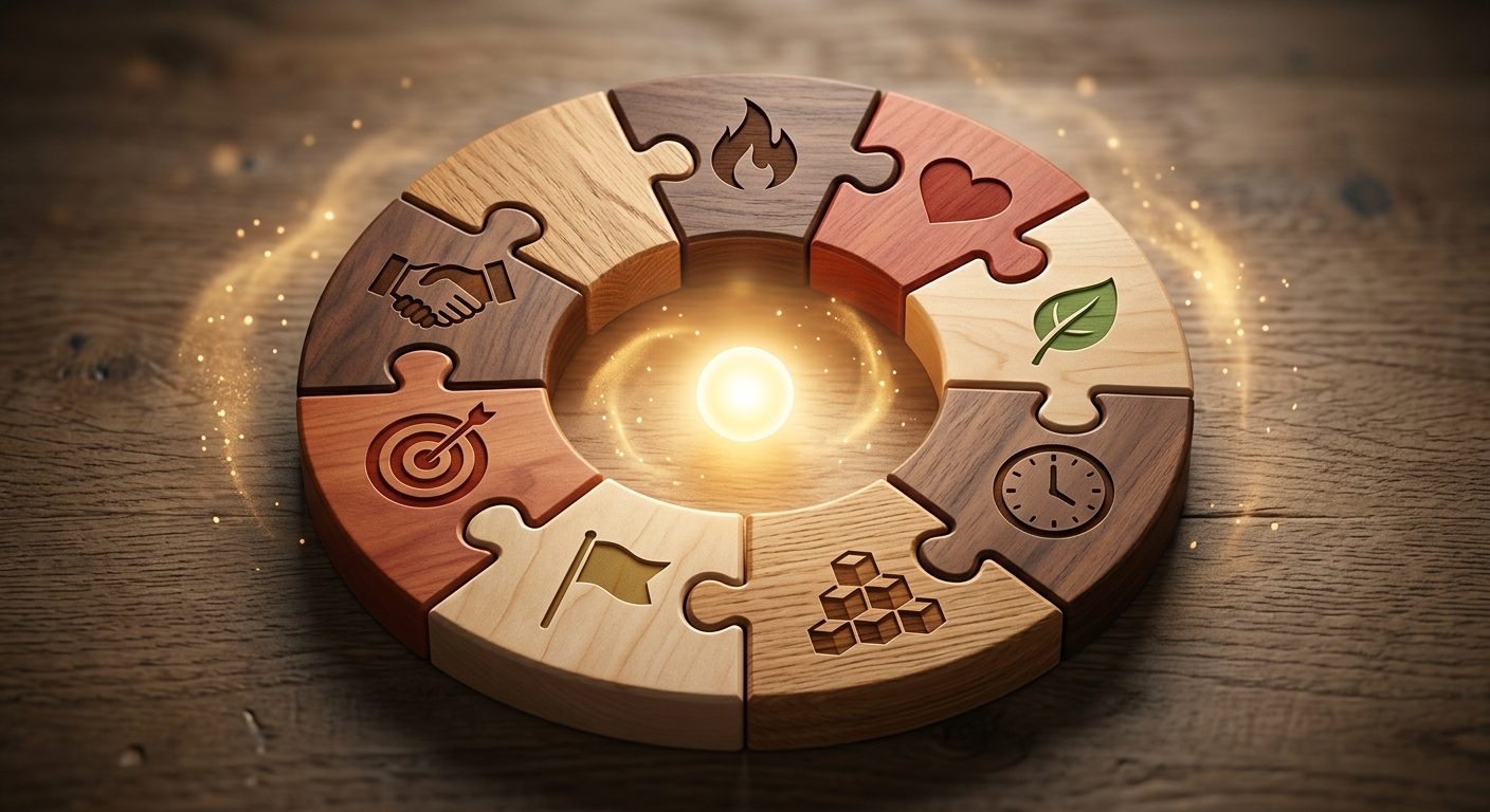 Eight interlocking puzzle pieces in a circle, each with a small icon, showing how weight-loss psychology strategies connect.