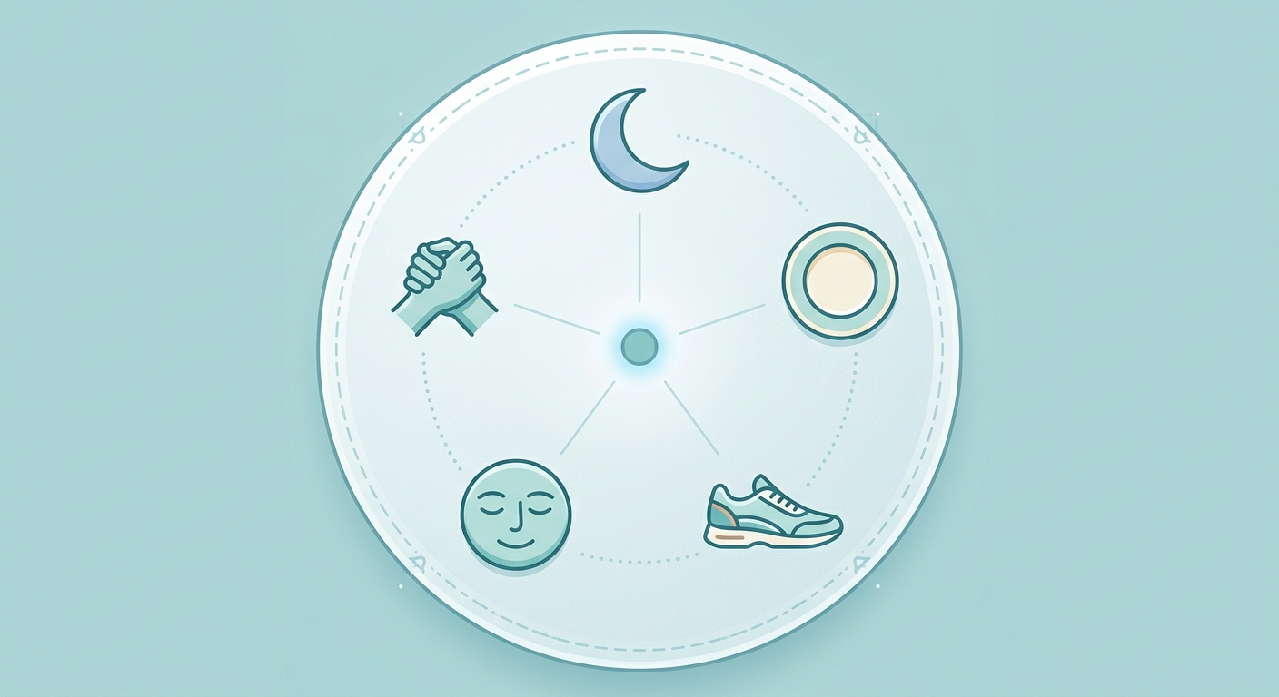 Five icons in a circle showing sleep, nutrition, movement, relaxation, and social support working together.