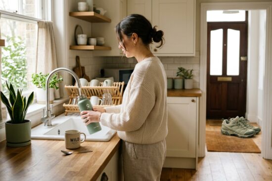 A person filling a water bottle in a sunlit kitchen, with walking shoes waiting by the front door. Habit formation for weight loss.