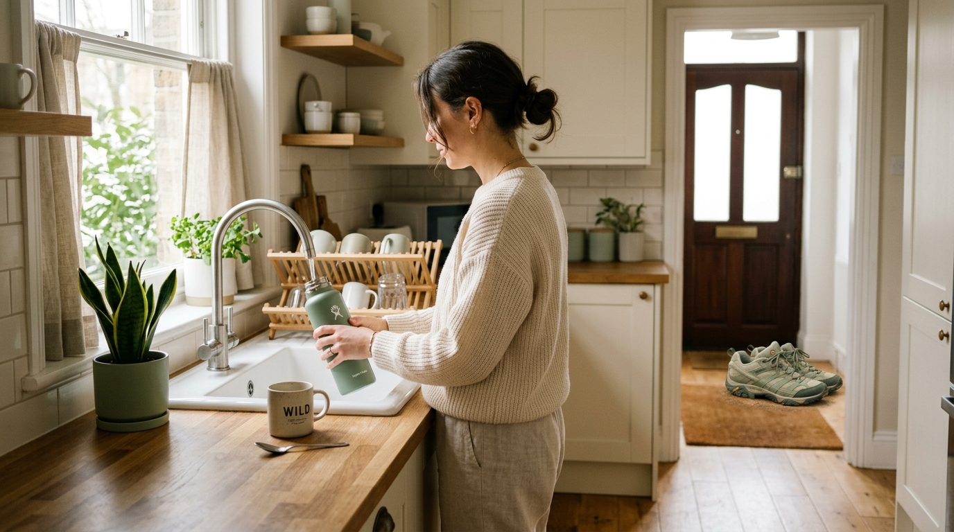 A person filling a water bottle in a sunlit kitchen, with walking shoes waiting by the front door. Habit formation for weight loss.