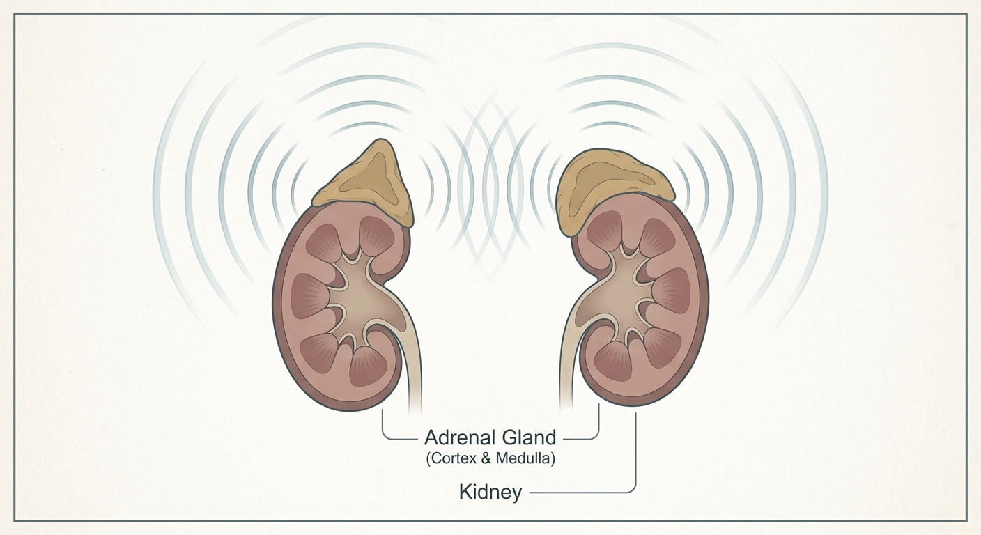 Simplified illustration of the adrenal glands above the kidneys sending hormone signals during the body’s stress response.