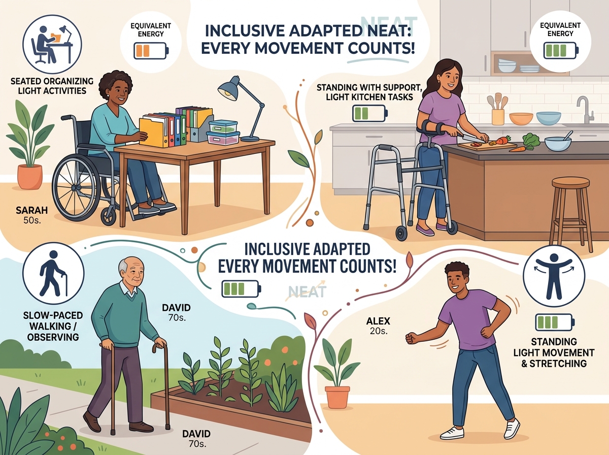 Inclusive illustration showing adaptive NEAT activities for people with various mobility levels and health restrictions, including seated tasks, supported movement, and modified activities