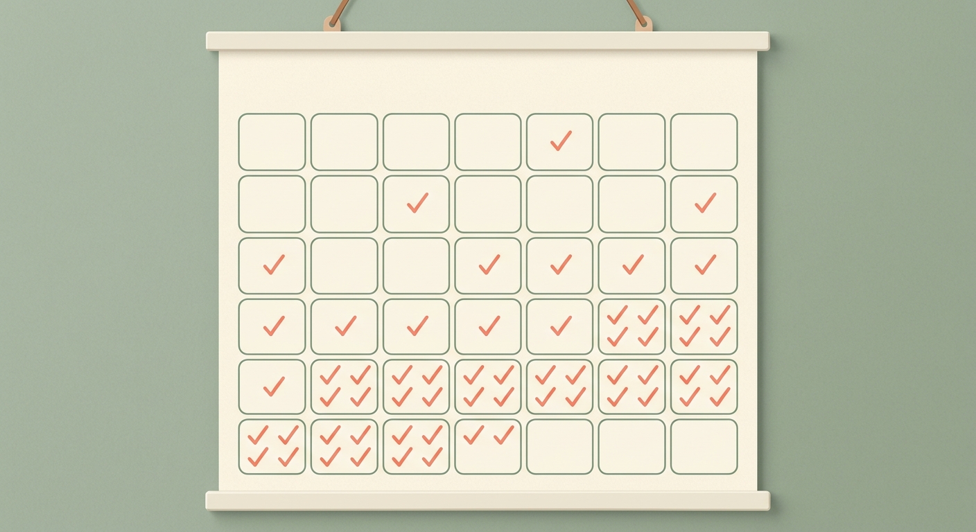 A wall calendar with check marks that begin scattered and become more frequent, with a few gaps, showing habits build unevenly over time.