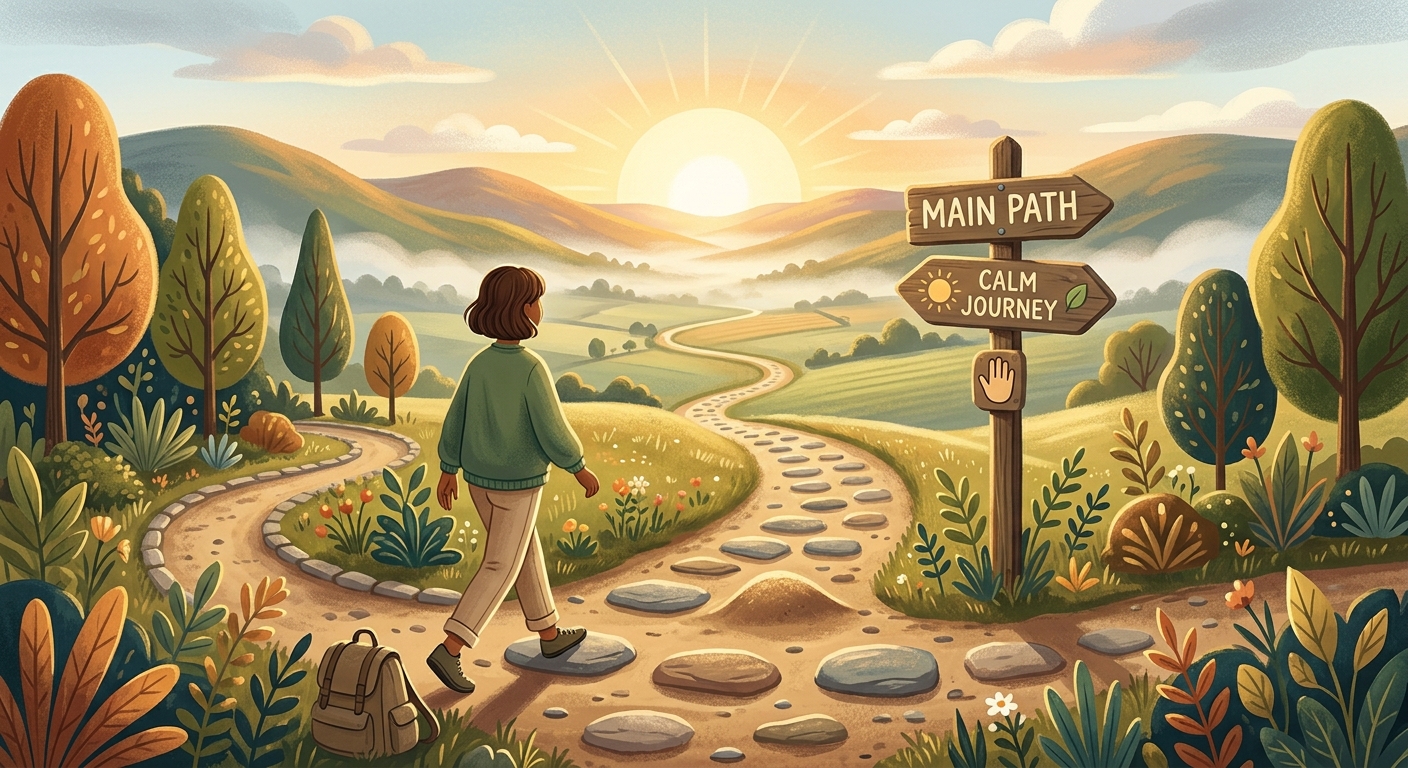 Person stepping back onto the main path after a small detour, representing returning to routine after a setback.
