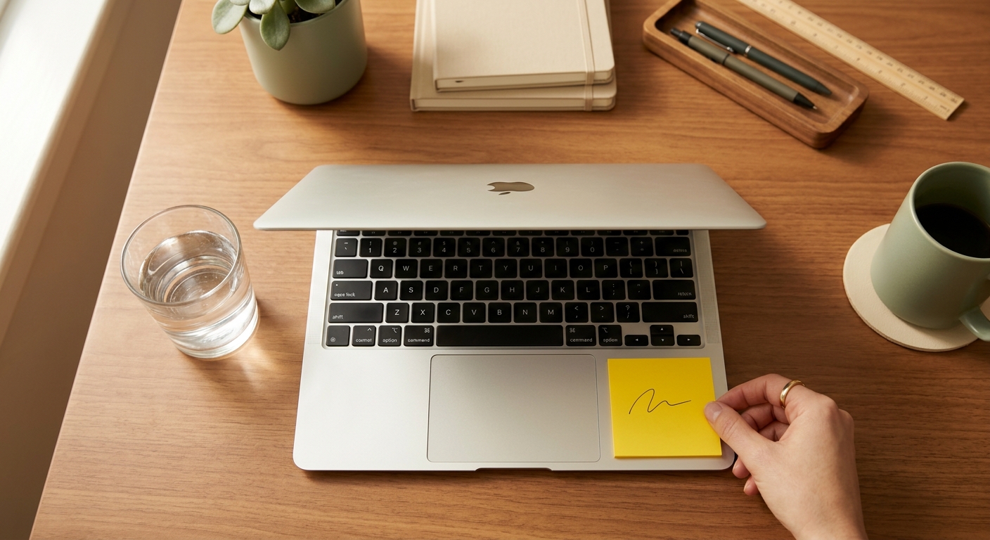 A hand placing a sticky-note reminder on a laptop beside a glass of water on a tidy desk.
